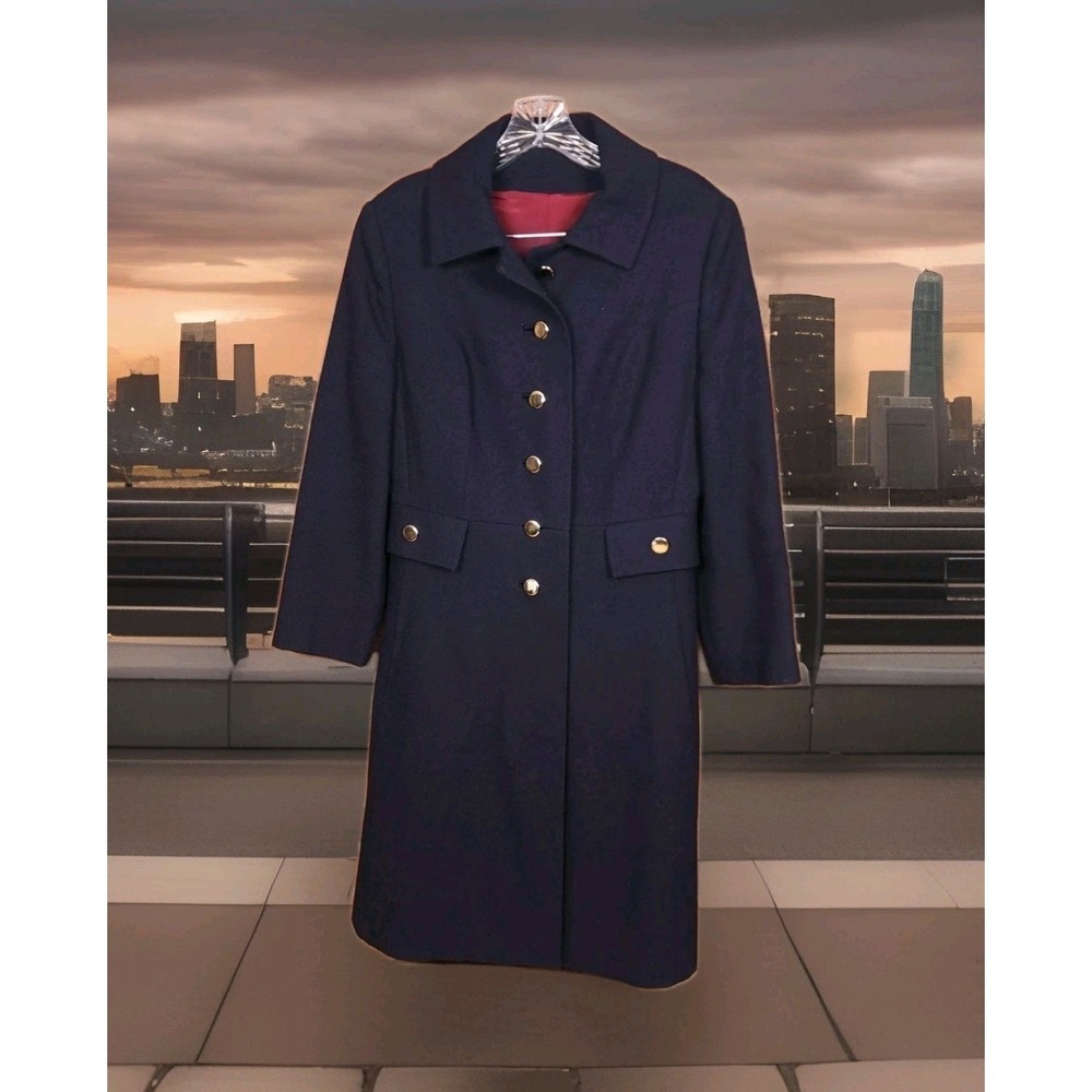 Rothmoor‎ Womens Medium Wool Trench Coat Blue Gold Buttons USA Made Vtg 60s